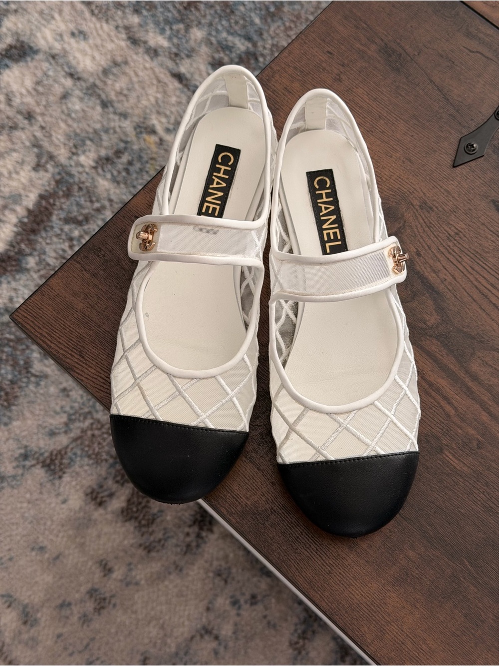 White and Black Mary Jane Flats